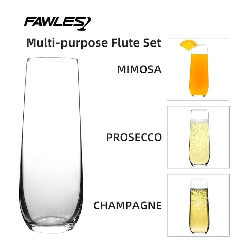 FAWLES Stemless Champagne Flutes Set of 12, Crystal Glass, 8