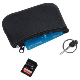 Artizanni Real Leather Slim Coin/Change Pouch Purse Men Women Leather Zippered Change Holder with Key ring, Portable Mini Change Holder Organizer Wallet SD 04 (Black)