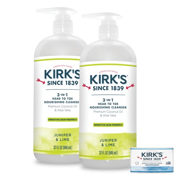 Kirk's 3-in-1 Castile Liquid Soap Travel Size Bar Soap (1.13 oz.) | Head-to-Toe Clean Shampoo, Face Soap & Body Wash for Men, Women & Children | Juniper & Lime Scent | 32 Fl Oz. - 2 Pack