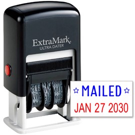 ExtraMark Ultra Dater Self-Inking Rubber Date Office Stamp with MAILED Phrase & Date - Style 2, Blue/Red Ink, 12-Year Band