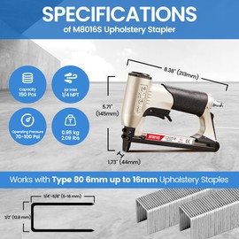 meite Upholstery Stapler with Safety Trigger, for 21Gauge 1/2-Inch Crown Staples, Heavy-Duty Pneumatic Staple Gun for Woodworking, Professional and DIY Projects (Model MT8016S)