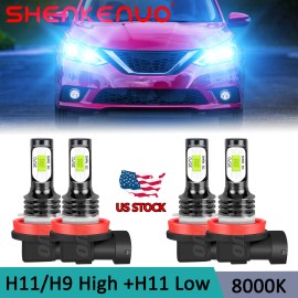 SHENKENUO H11+H11 4X 8000K Ice Blue LED Headlight Bulbs High Low Beam Kits 2400LM 100W