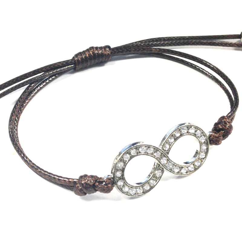 Wrapables Adjustable Rhinestone Infinity Leather Corded Bracelet, Brown Silver Tone