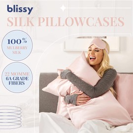 Blissy Silk Pillowcase - 100% Pure Mulberry Silk - 22 Momme 6A High-Grade Fibers - Silk Pillow Cover for Hair & Skin - Regular, Queen & King with Hidden Zipper (Queen, Pink)