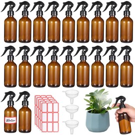 24 PCS 8 oz Glass Spray Bottles - Brown Glass Sprayer with Funnels and Labels, Refillable Fine Mist Trigger Bottles for Essential Oils, Cleaning Solutions, Haircare, Room Fresheners, DIY Cosmetics