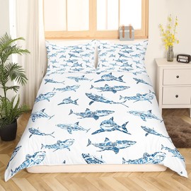 Erosebridal Shark Bedding Set Twin Ocean Life Duvet Cover for Child Boys Blue Watercolor Hand Drawn Cartoon Sharks Comforter Cover Underwater Sea Wild Animals Fish Room Decor Marine Life Quilt Cover