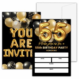Valucise 55th Birthday Invitations, Black and Gold, 20 Invites with 20 Envelopes