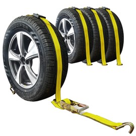 Car Hauler Straps for Trailer Heavy Duty 2" x 10' Autohauler Vehicle Tie Down Kit-10,000lb Guaranteed Break Strength-(4) Premium Ratchet Strap with Rubber Blocks Wheel Tie-Downs for Truck, UTV(Yellow)
