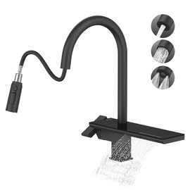 MBILLION Waterfall Kitchen Faucet with Pull Down Sprayer Matte Black,Stainless Steel,4-Mode,Single-Hole,18'' High-arc,Farmhouse RV Bar Sink Faucet,360 Rotation,Magnetic Docking Sprayer,Built-in Shelf