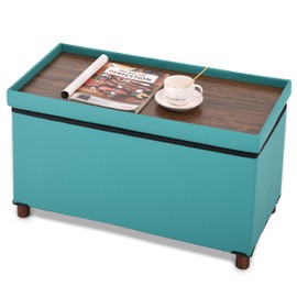 Dorriss Ottoman Storage Bench for Living Room with Tray, Bedroom Foot Stool, Coffee Table Lid, End of Bed Faxu Leather 30" Inch (L-Green)