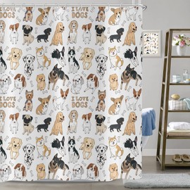 Hnmdmyi Funny Shower Curtain 180x200, Cute Dog Shower Curtains Animals Puppy Dog Kids Girls Boys Bathroom Curtains with Hooks Waterproof Polyester Fabric Washable Bath Curtains for Wet Room