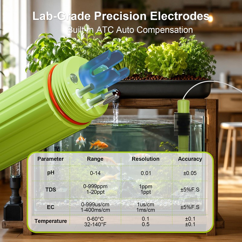 Kactoily Smart 4-in-1 WiFi Hydroponic Monitor, pH EC TDS Temp