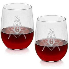 GIFTS INFINITY Customized Freemason Masonic All-Purpose 17 oz. Stemless Wine Glasses (2)