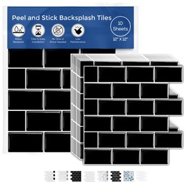 Peel and Stick Backsplash Tile for Kitchen Wall, 12” x 12” Stick On Backsplash 10-Sheet Pack Stick On Tiles for Kitchen or Bathroom with 3D Glass Tile Looks