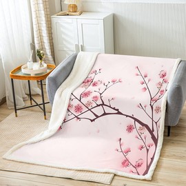 Girls Cherry Blossoms Fleece Blanket Women Floral Sakura Flowers Branch Sherpa Throw Blanket for Bed Sofa Couch Decor Pale Pink Floral Plush Blanket Soft Japanese Spring Fuzzy BlanketQueen 90"x90"