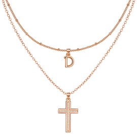 ZENI Dainty Cross Necklaces for Women, Rose Gold Layered Chain Initial D Choker Necklace, Christian Jewelry CZ Cross Faith Communion Baptism Gifts for Women