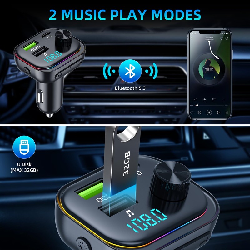 FM Transmitter Bluetooth V5.3-54W (PD 36W & 18W) 3 USB