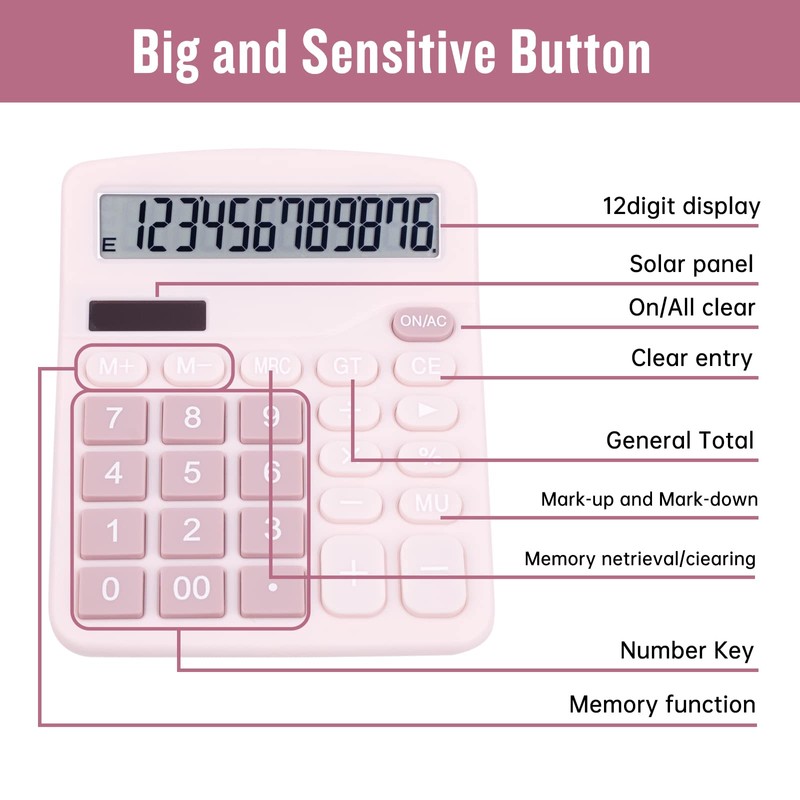 DANRONG Cute Pink Desktop Calculator with Big Buttons, Dual Power