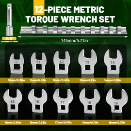 YICH 11-Piece Metric Crowfoot Wrench Torque Set 3/8" Torque Open-End Wrench Set 10-19mm Crowfoot Wrench Set with Clip On Organizer