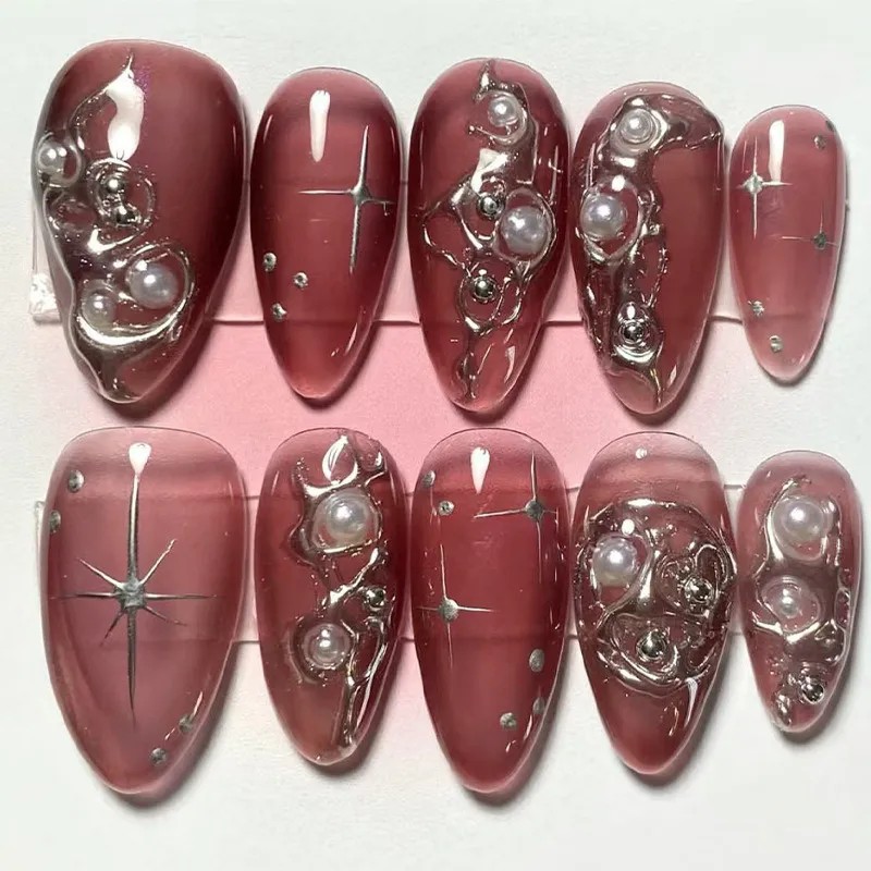 Uñas Postizas 6 Juegos Almendra Punta Flor Perlas Borde Blan