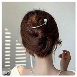 Xduargs French Large Pearl Hair Barrette Silver Frog Buckle Hair Clips Vintage Pearl Clip Hairpin Simple Back Head Arc Grab hairclips Decorative Hair Accessories for Women Headdress