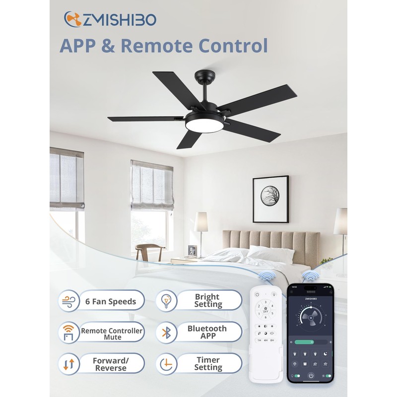 ZMISHIBO 52 Inch Ceiling Fans with Lights, Smart Remote/APP Control,