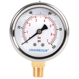 UHARBOUR Glycerin Filled Pressure Gauge 100 psi/7 bar, Stainless Steel Case, Brass Inside Construction, 2-1/2 Inch Dial, 1/4 Inch BSPT Rear Connection