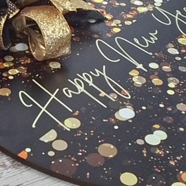 New Year Door Hanger, Birch Wood Festive Decor, Luminous Bokeh Effect, Wired Ribbon Bow