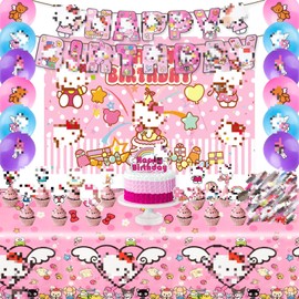 KT 95PCS Kitt y Birthday Party Decorations, Cartoon Theme Party Supplies Include Background Cloth, Banner, Stickers, Balloons, Cupcake Toppers, Tablecloth for Kids Birthday Party