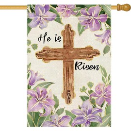 LHSION He Is Risen House Flag 28 x 40 Inch Happy Easter Cross Religious Decorative Double Sided Burlap Flag for Spring Farmhouse Yard Outdoor Holiday Decoration