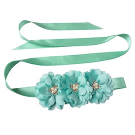 Oyabridal Flower Girl Sash Belt for Dresses Bride/Bridesmaid Sash Belts Flower Pearls Sashes for Wedding Dress, Mint Green, 92''x1''