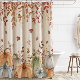 Cortina de ducha de lino con hojas de calabazas de otoño, color amarillo, naranja, acuarela, hojas de eucalipto, juego de cortina de ducha con ganchos, cortinas de ducha de otoño para baño, 60 x 71