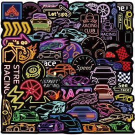 Pack of 50 Neon Racing Stickers Neon Racing Car Sticker Set Waterproof Vinyl Sticker for Laptop Children Cars Motorcycle Bicycle Skateboard Luggage Suitcase Computer Sticker Graffiti Decal
