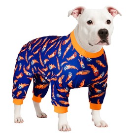 LovinPet Large Dog Pajamas for Pitbulls - Lightweight Stretchy Fabric, Ball Print, Post Surgery Dog Onesie, UV Protection, Easy to Wear Adorable Dog Jumpsuit,Blue M
