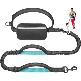 Hands Free Dog Leash with Zipper Pouch, Dual Handle Shock Absorbing Reflective Bungee, Adjustable Waist Belt and Pouch, Ideal for Medium to Large Dogs