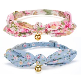 YUDOTE Soft Cotton Cat Collar with Removable Hand-Tied Bow, Pack of 2 Kitten Collars with Quick Release and Bell, Floral Print
