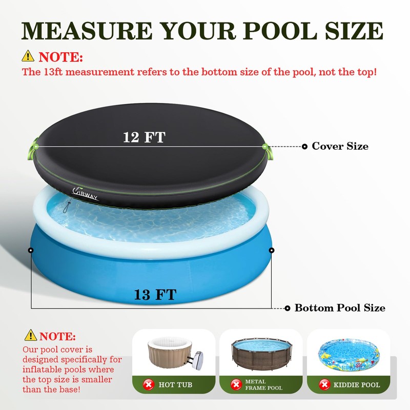UIRWAY 13FT Round Pool Cover, Inflatable Pool Covers for Above