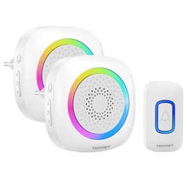 TECKNET Wireless Bell, 400 m Wireless Range Doorbell Set with RGB Light, IP66 Outdoor Waterproof Front Door Bell with 2 Plug-in Receivers, 60 Ringtones, 5 Volume Levels and LED Flashing
