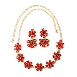 Ever Faith Flower Jewelry Set for Women, Sparkly Rhinestone Crystal Wedding Party Vintage Floral Choker Necklace Dangle Drop Earrings Sets for Cocktail Prom Party Red