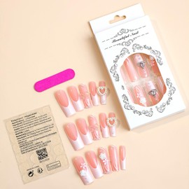 24 Pcs Pink Coffin Press on Nails Long Fake Nails Reusable False Nails Kit 3D Flower Pearl Bow Nails Designs Artificial Nails Cute Acrylic Nails Press ons Full Cover Stick on Nails for Women
