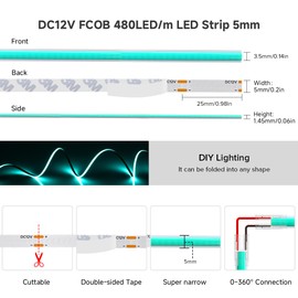 BTF-LIGHTING FCOB - Tira LED COB azul hielo de 5 mm de ancho, súper estrecha, flexible de alta densidad, luz uniforme DC12 V 16.4 pies CRI 90+ cinta LED regulable para decoración de recámara y hogar