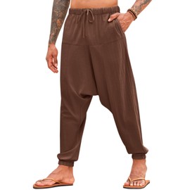 PASLTER Mens Harem Pants Baggy Casual Cotton Linen Boho Yoga Drop Crotch Hippie Trousers Brown