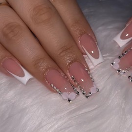 24 Pcs Pink Press on Nails Medium Square,MINGCHUN White French Fake Nails Press ons Acrylic Nail Art Tip Kit with 3D Rhinestone Flower Glitter Design Full Cover False Nails Glue on Nails for Women