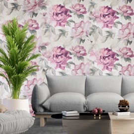 Seabrook Floral off white green pink large peony flowers focal botanical blooms Wallpaper - sample 8.5 inches x 11 inches