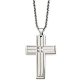 Auriga Fine Jewelry Stainless Steel Polished with Cubic Zirconia Grooved Cross Pendant on a Rope Chain Necklace 24"