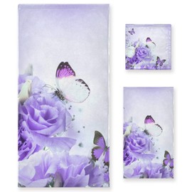 ALAZA Purple Rose Flower Butterfly Towel Bathroom Sets 1 Bath Towel 1 Hand Towel 1 Washcloth Soft Luxury Decorative Set of 3 Towels Multipurpose for Kitchen Home Spa Beach
