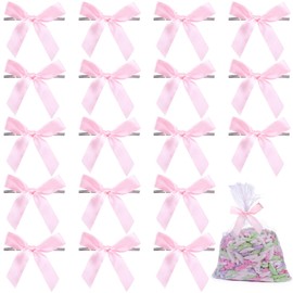 Pndeyo 20pcs Twist Tie Bows, Satin Ribbon Premade Bows, Gift Wrapping Bowknot for Christmas Wedding Baby Shower Brithday Party Treat Bags Present Bags Bakery Candy Bags Decorations- Pink
