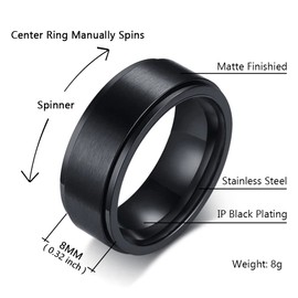 SWOPAN Men's Spinner Ring Fidget Anxiety Rings 8MM Stainless Steel Fidget Rings for Men Women Anxiety Relief Black Plated Matte Brushed Finish Beveled Stepped Edges Bands Rotation Ring, Black, Size 8