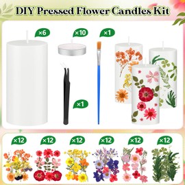 MTLEE 24 Pack Pressed Flower Candles Making Kit 6 White Pillar Candles 10 Tealight Candles 6 Set Pressed Flowers with Tweezer Brush for DIY Candles Crafts Birthday Wedding Centerpieces(4 Inch)
