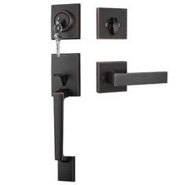 Haidms Oil-Rubbed Bronze Front Door Handle and Deadbolt Set, Entry Door Handle and Deadbolt Set with Reversible Handle Lever,Front Door Lock Set, Front Door Handles and Locks